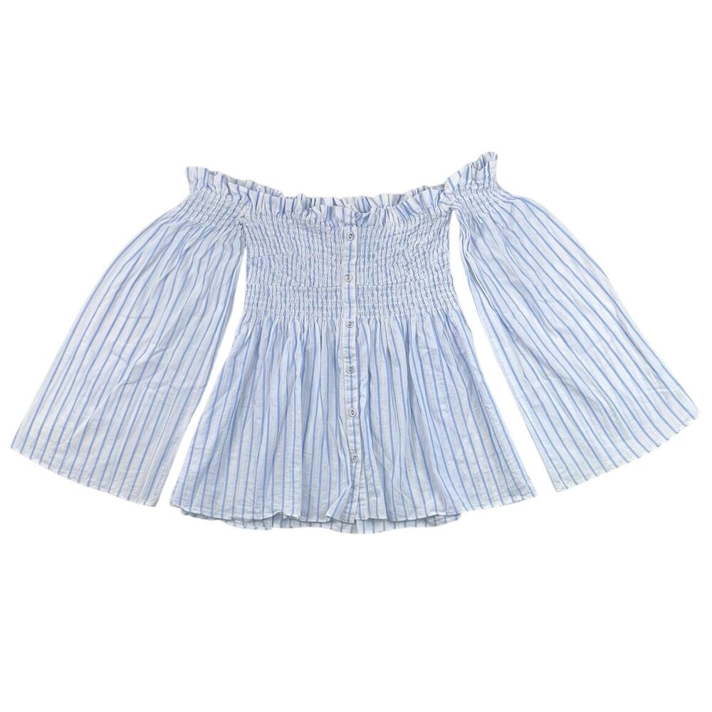 ASTR The Label Off Shoulder Smocked Blouse Blue White Stripe Babydoll Top - S